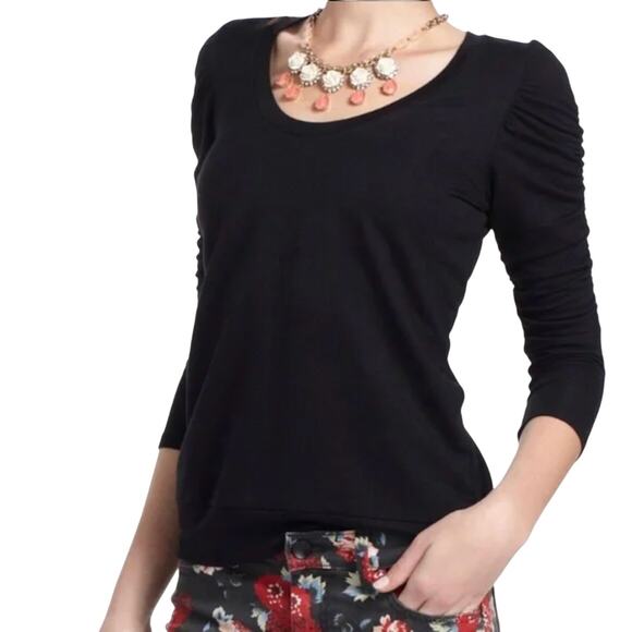 Dolan Anthropologie Scrunch Ruche Sleeve Black sz L Tshirt Terry Basics Neutrals - Picture 1 of 8